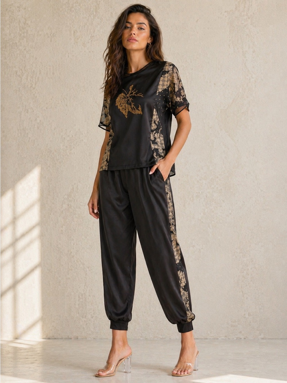 ST40. Black Satin Two-Piece Set with Gold Floral Accents - Picture 1 of 1